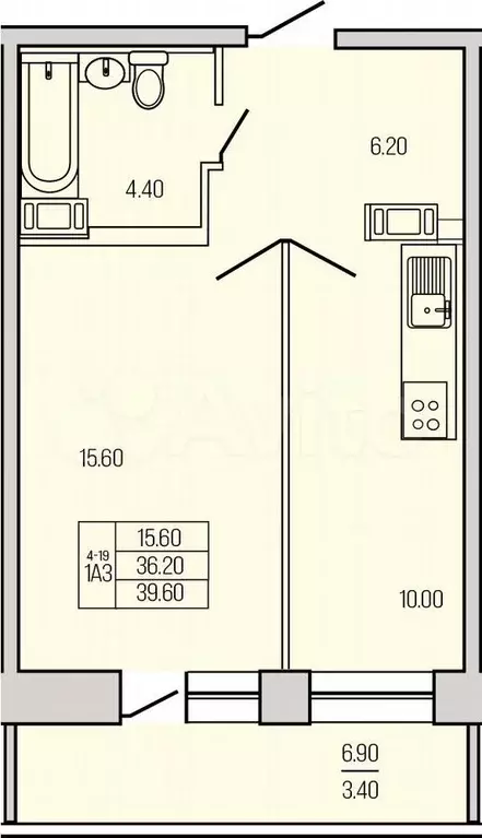 1-к. квартира, 39,6 м, 4/21 эт. - Фото 1