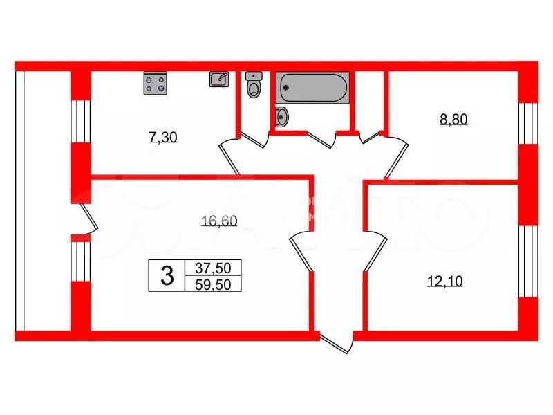 3-к. квартира, 59,5 м, 3/5 эт. - Фото 0