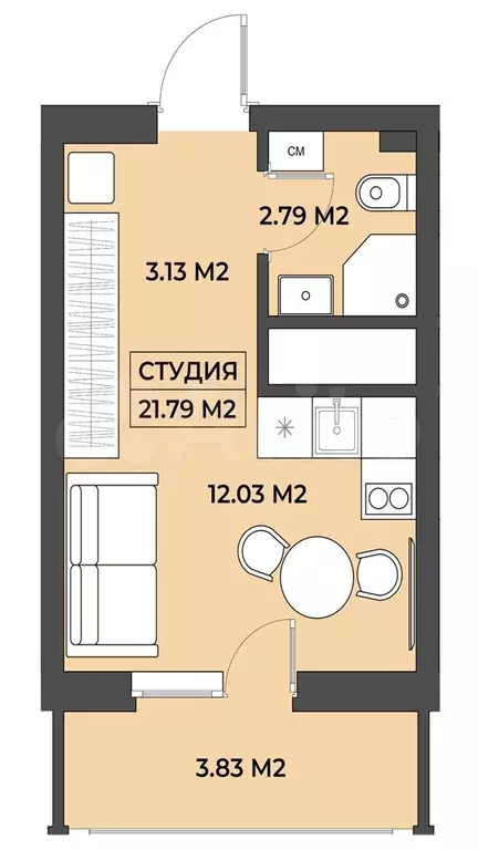 Апартаменты-студия, 21,8 м, 8/19 эт. - Фото 0