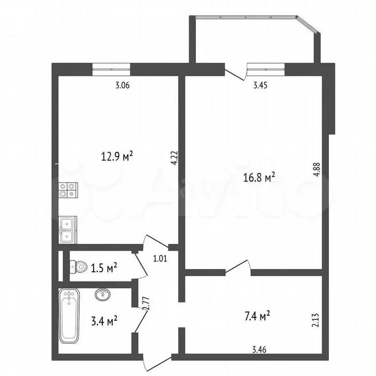 1-к. квартира, 44,8 м, 9/10 эт. - Фото 1