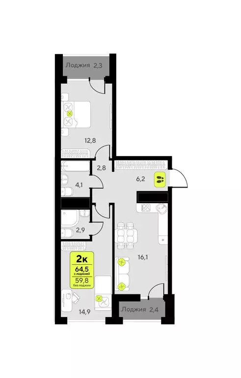2-комнатная квартира: Тюмень, улица Андрея Приказнова, 1 (64.5 м) - Фото 1