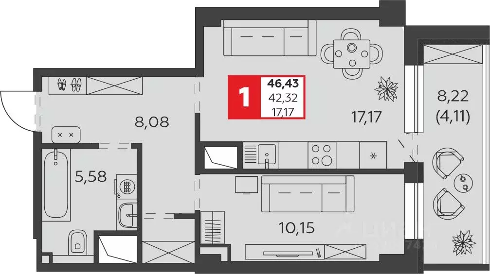 1-к кв. Ростовская область, Батайск ул. Воровского, 53 (46.43 м) - Фото 1