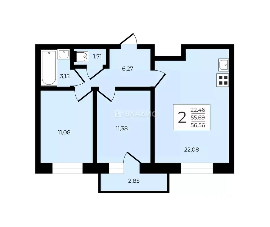 2-к кв. Санкт-Петербург ул. Ивинская, 19к1 (56.6 м) - Фото 2