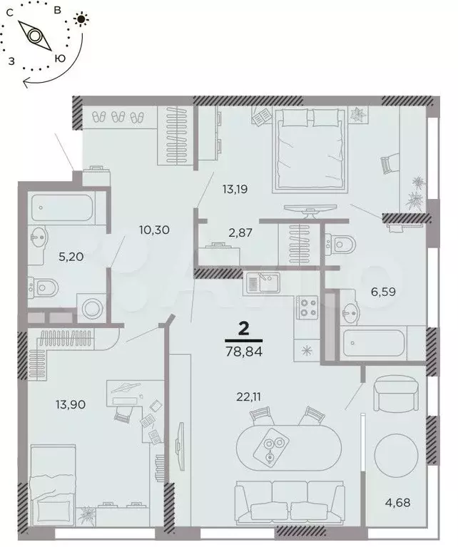 2-к. квартира, 78,8 м, 12/25 эт. - Фото 1
