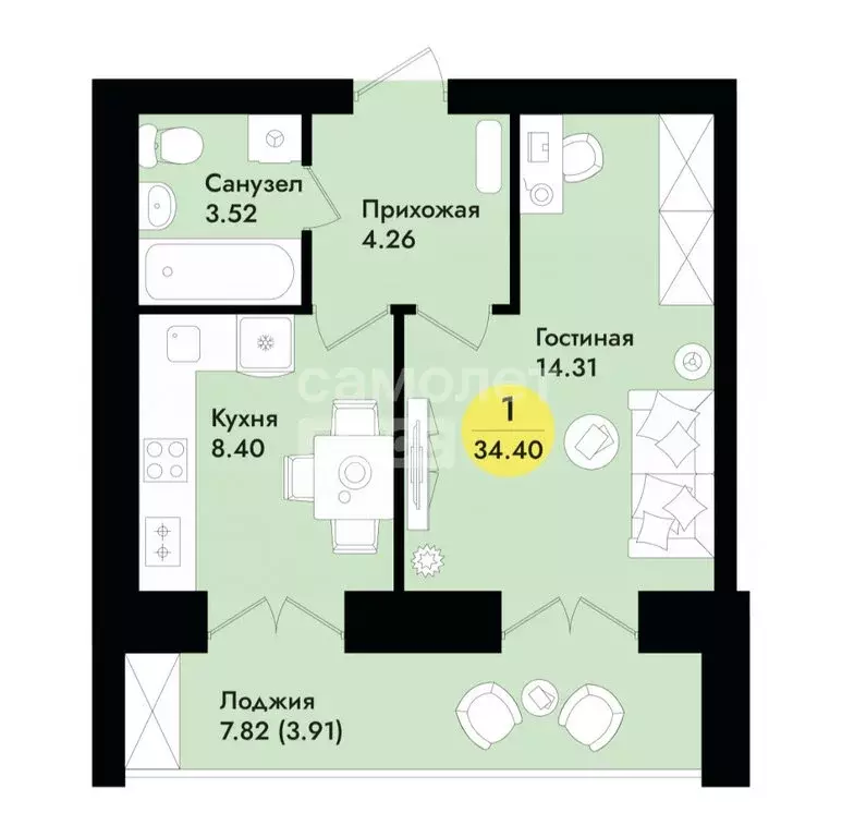 1-комнатная квартира: Йошкар-Ола, ЖК Соловьи (38.31 м) - Фото 1