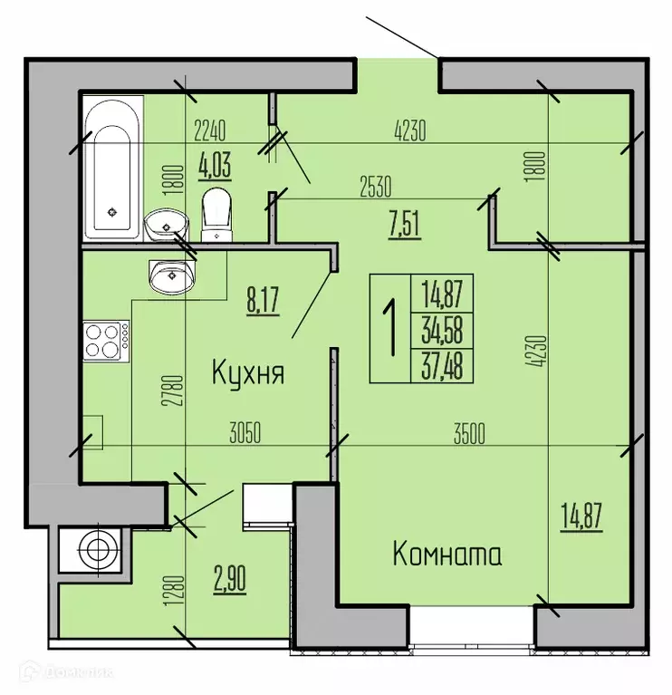 Продаётся 1-к квартира, 37.48 м - Фото 1