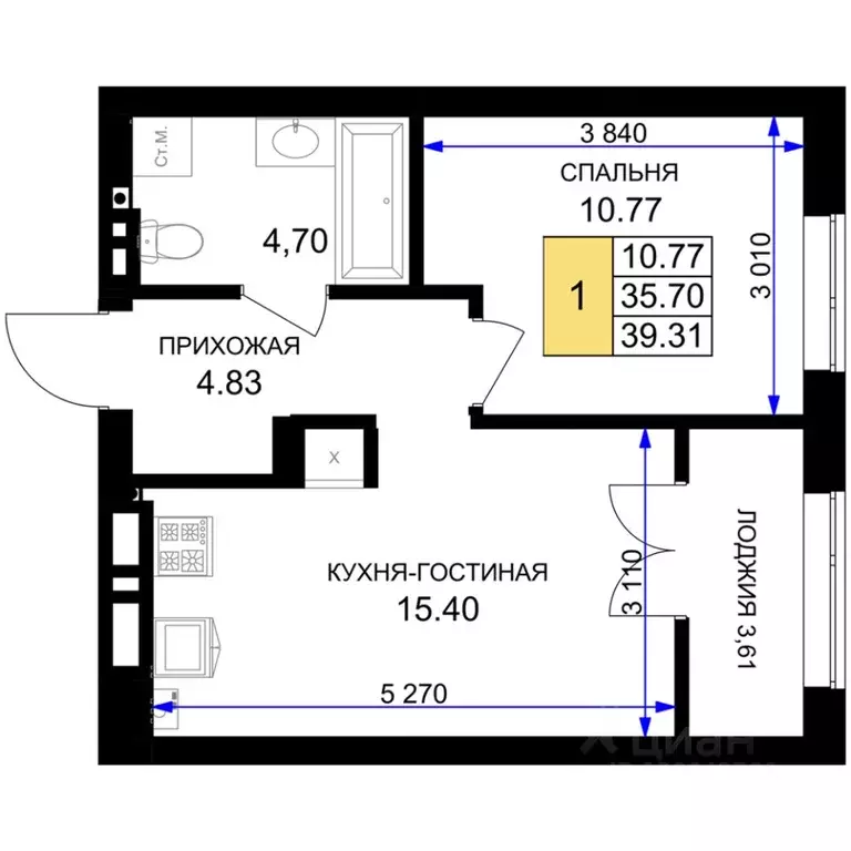 1-к кв. Калининградская область, Гурьевск Включи жилой комплекс (39.31 ... - Фото 0