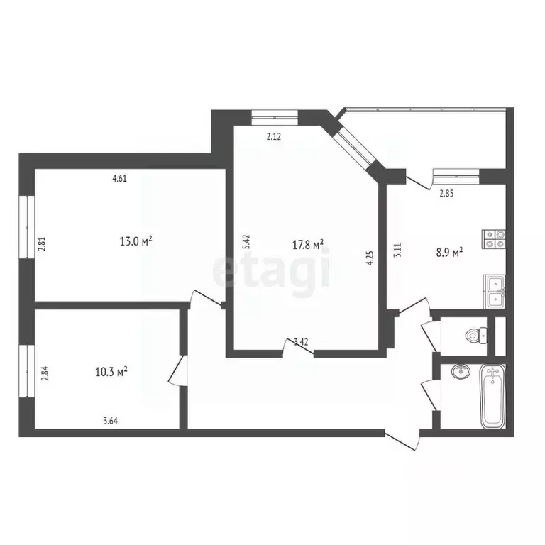 3-к кв. Ханты-Мансийский АО, Сургут Югорская ул., 13 (65.0 м) - Фото 1