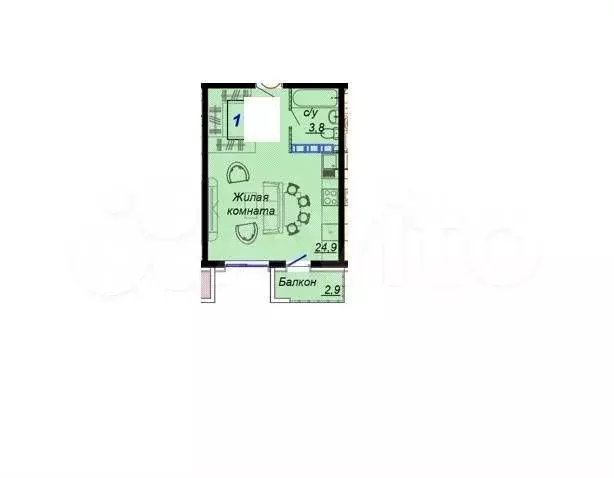 Квартира-студия, 37,7 м, 10/16 эт. - Фото 1