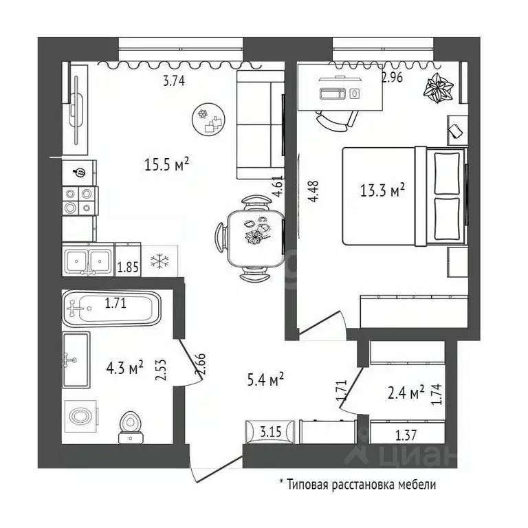 1-к кв. Тюменская область, Тюмень Новгородская ул., 22 (40.9 м) - Фото 2