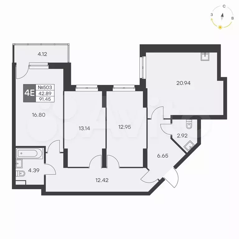 3-к. квартира, 91,5 м, 3/25 эт. - Фото 0