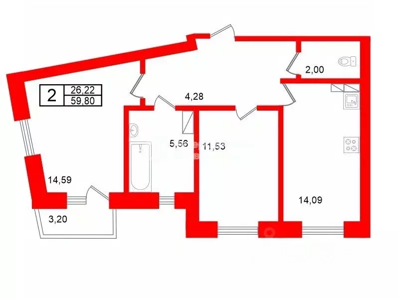 2-к кв. Санкт-Петербург просп. Юнтоловский, 49к1 (59.8 м) - Фото 2