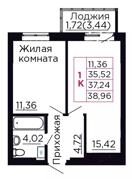 1-к квартира, 37.24 м - Фото 0