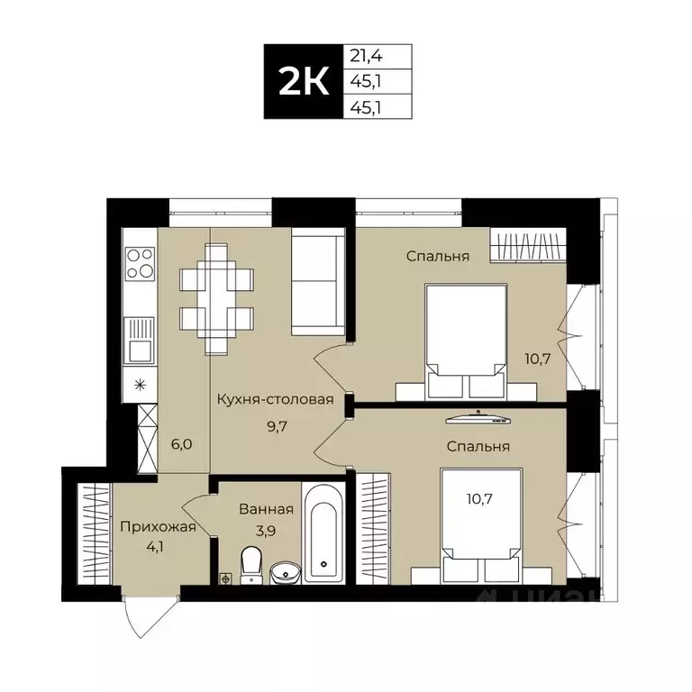 2-к кв. Башкортостан, Уфа ул. Ленина, 192 (45.1 м) - Фото 1