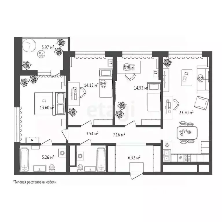 3-к кв. Тюменская область, Тюмень ул. Пожарных и Спасателей, 8 (90.5 ... - Фото 1