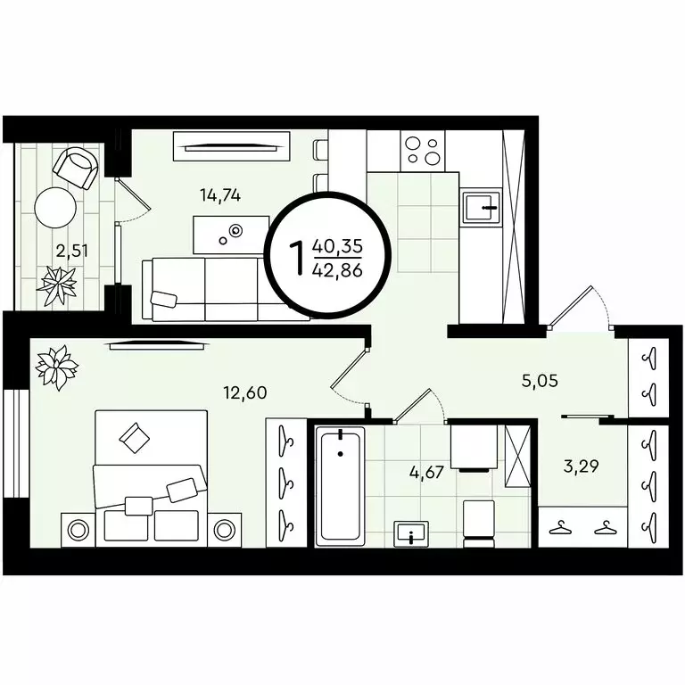 1-комнатная квартира: Тюмень, улица Александра Звягина, 5 (42.86 м) - Фото 0