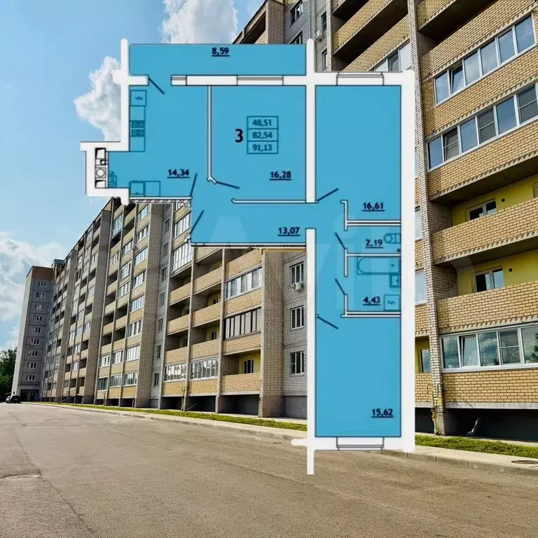 3-к. квартира, 91,1 м, 1/10 эт. - Фото 0