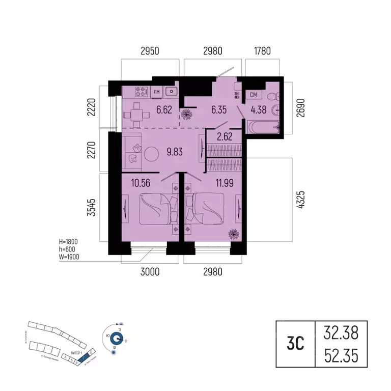 3-к кв. Башкортостан, Уфа Глумилино-1 мкр, Новатор жилой комплекс ... - Фото 1