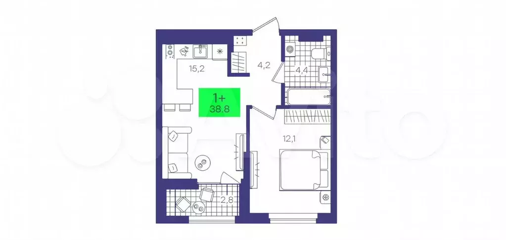1-к. квартира, 38,8 м, 7/9 эт. - Фото 1