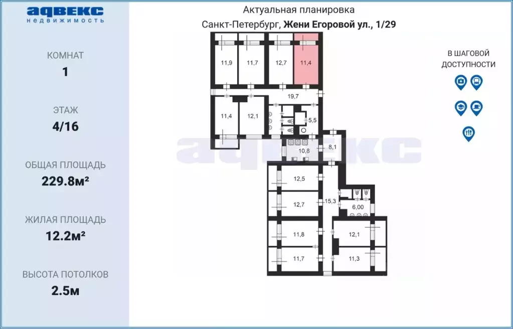 Комната Санкт-Петербург ул. Жени Егоровой, 1/29 (12.2 м) - Фото 1