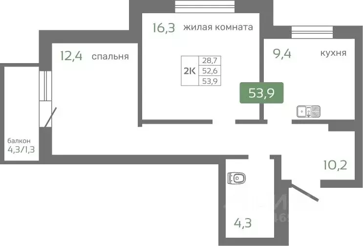2-к кв. Красноярский край, Красноярск Норильская ул., с2 (53.9 м) - Фото 0