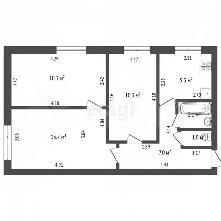 3-к. квартира, 49,7 м, 1/5 эт. - Фото 0