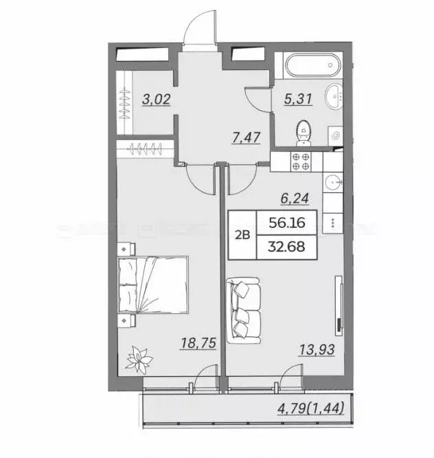2-комнатная квартира: Казань, улица Хади Атласи, 26 (56.2 м) - Фото 0