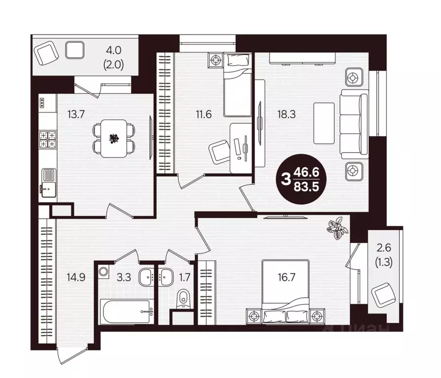 3-к кв. Чувашия, Новочебоксарск ул. 10-й Пятилетки, поз5 (83.5 м) - Фото 1