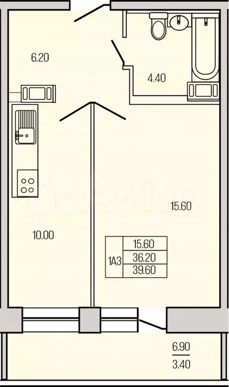 1-к. квартира, 39,6м, 13/19эт. - Фото 0