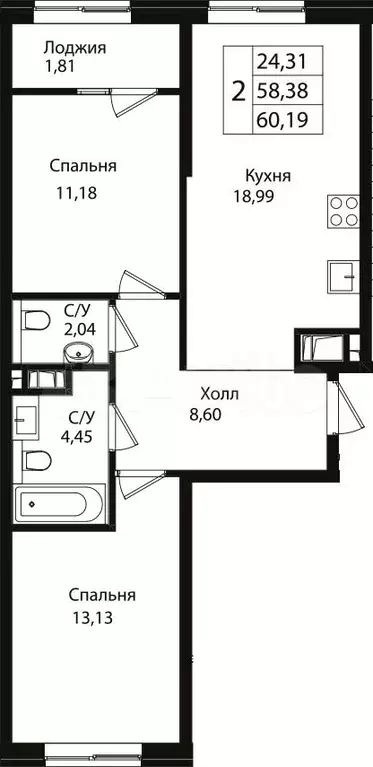 2-к. квартира, 58,4 м, 4/9 эт. - Фото 0