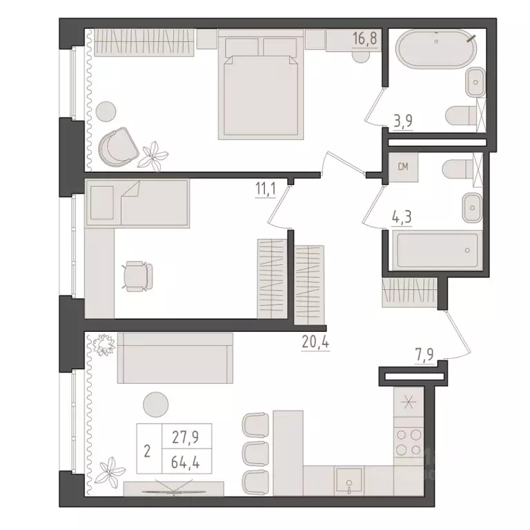 2-к кв. Башкортостан, Уфа 563-й кв-л,  (64.4 м) - Фото 1