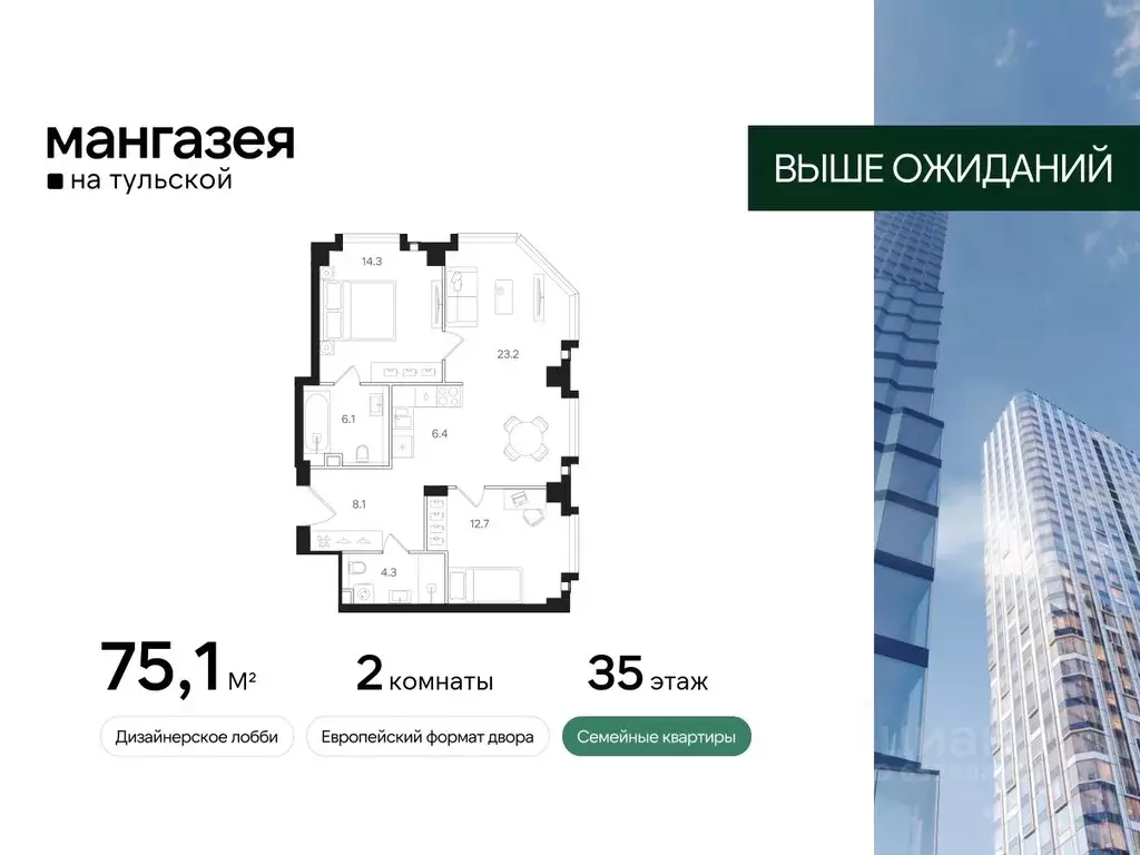 2-к кв. Москва Большая Тульская ул., 10с25 (75.1 м) - Фото 0