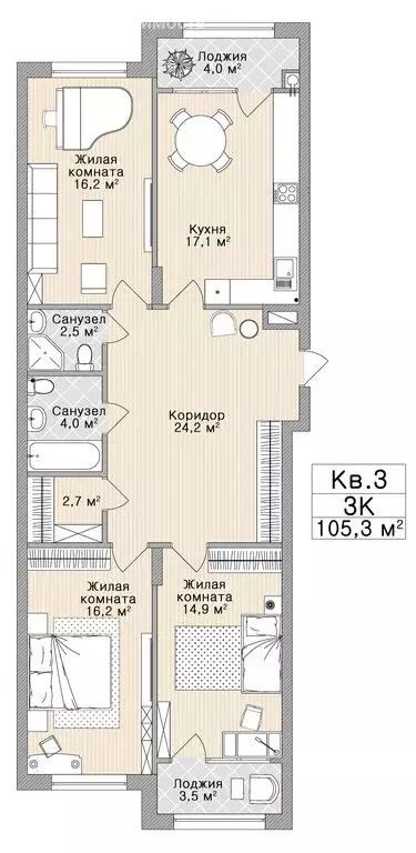 3-комнатная квартира: Рязань, улица Радищева, 41к1 (105.3 м) - Фото 0