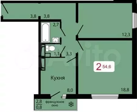 2-к. квартира, 54,6 м, 12/17 эт. - Фото 0