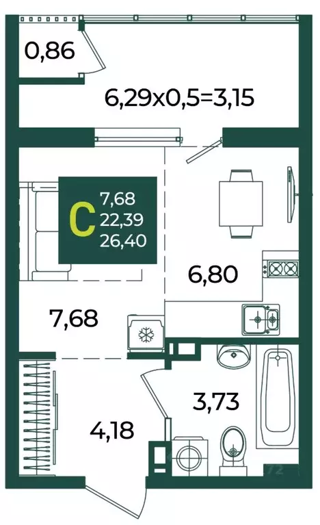 Студия Краснодарский край, Краснодар Образцово мкр,  (26.4 м) - Фото 1