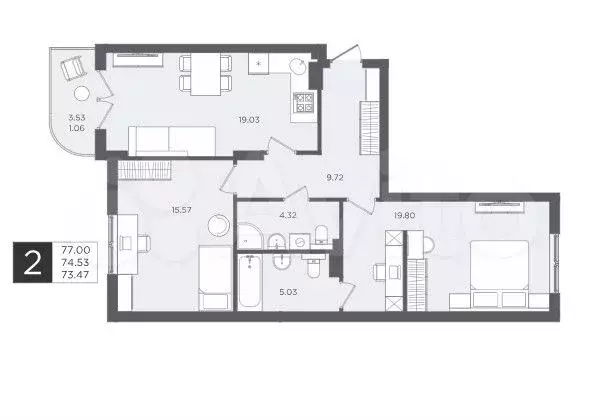 2-к. квартира, 77 м, 2/4 эт. - Фото 1