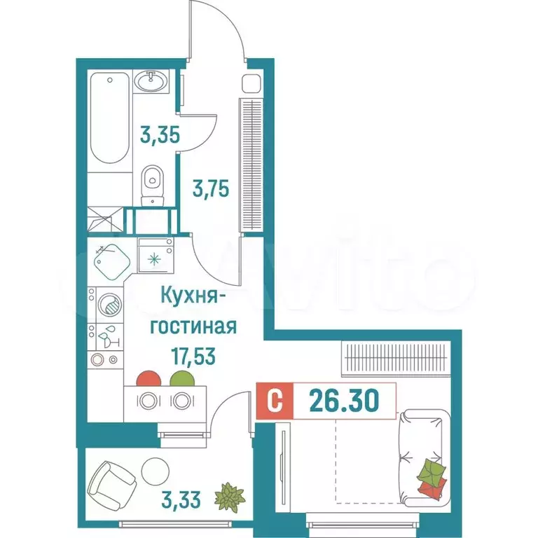 Квартира-студия, 26,3 м, 13/18 эт. - Фото 0