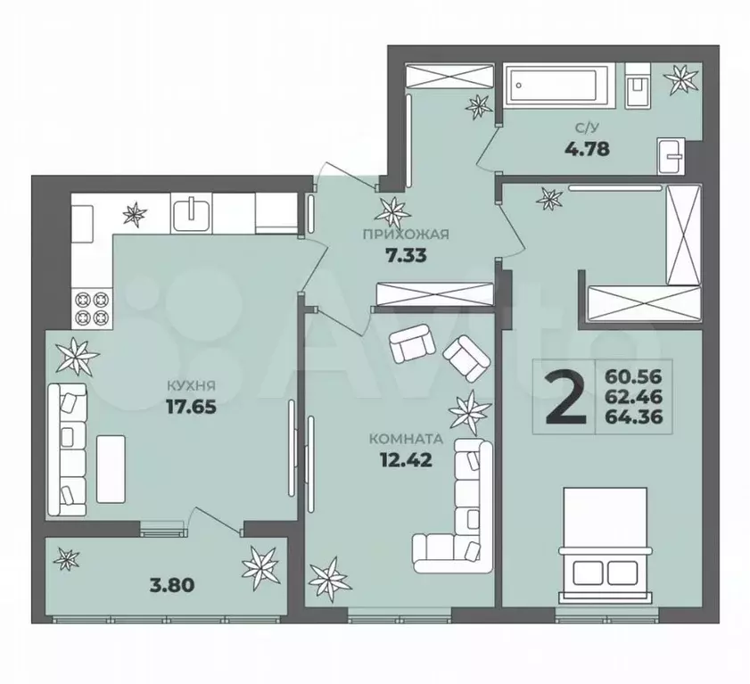 2-к. квартира, 62,5 м, 1/8 эт. - Фото 1