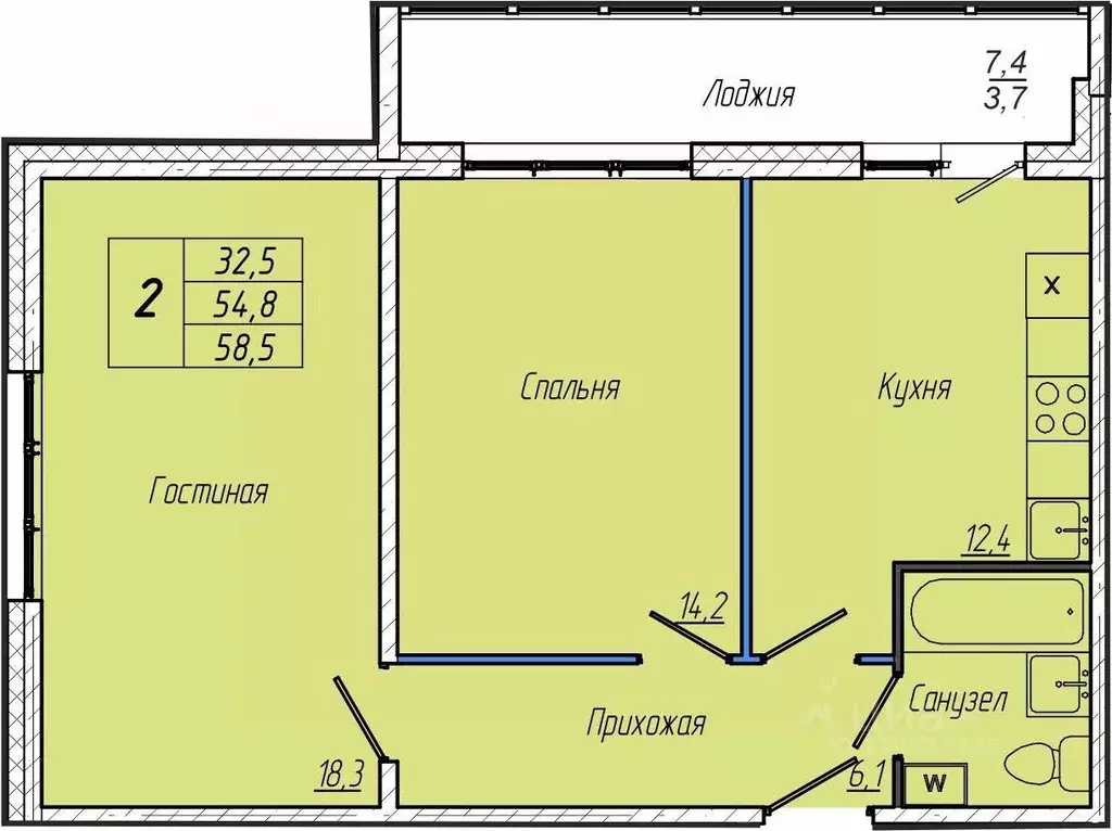 2-к кв. Кемеровская область, Кемерово просп. Притомский, 30А (58.5 м) - Фото 1