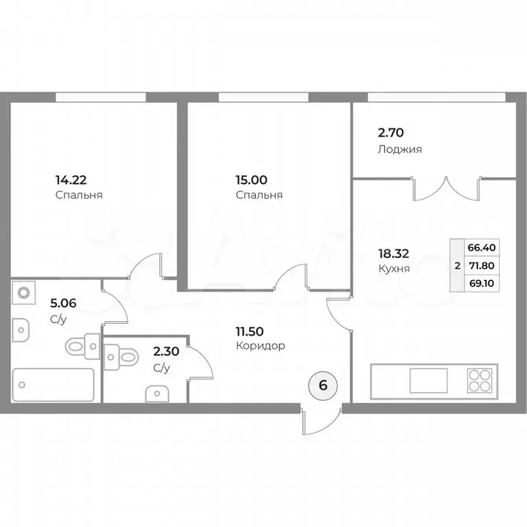 2-к. квартира, 69,1 м, 2/4 эт. - Фото 1