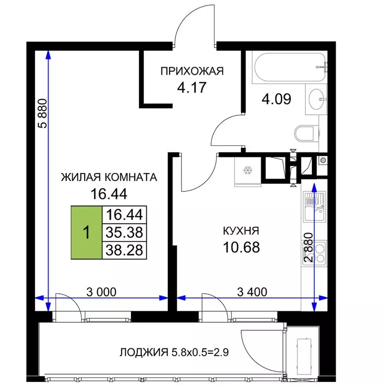 1-комнатная квартира: Краснодар (38.28 м) - Фото 0