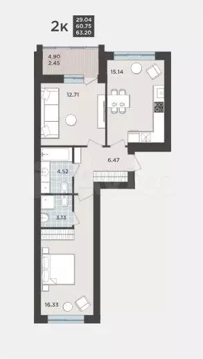 2-к. квартира, 60,7 м, 1/1 эт. - Фото 1