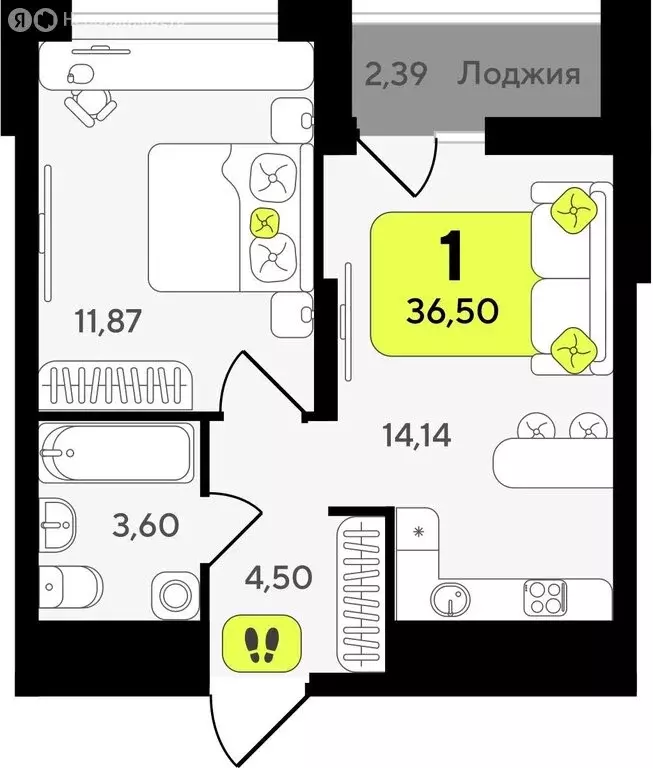 1-комнатная квартира: Тюмень, жилой комплекс Окинава (36.5 м) - Фото 0