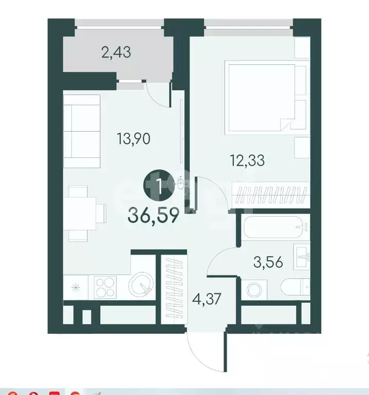 1-к кв. Курганская область, Курган 18-й мкр, 7 (34.4 м) - Фото 2