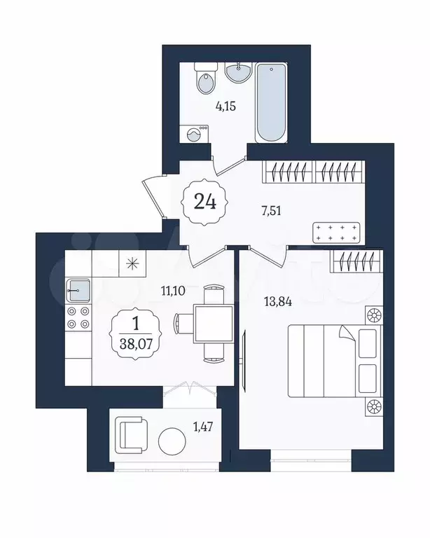 1-к. квартира, 38,1 м, 5/9 эт. - Фото 1