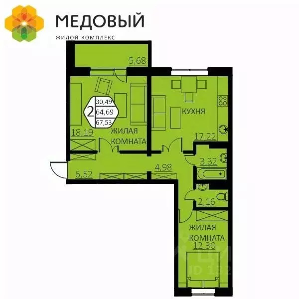 2-к кв. Пермский край, д. Кондратово ул. Г.Н. Нифантова, 4В (67.53 м) - Фото 0