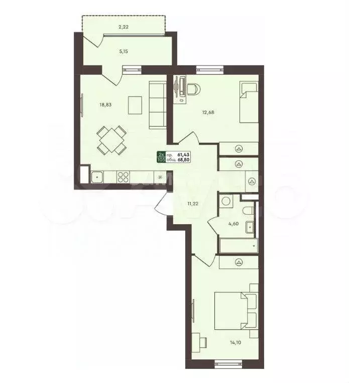 2-к. квартира, 65 м, 3/7 эт. - Фото 0