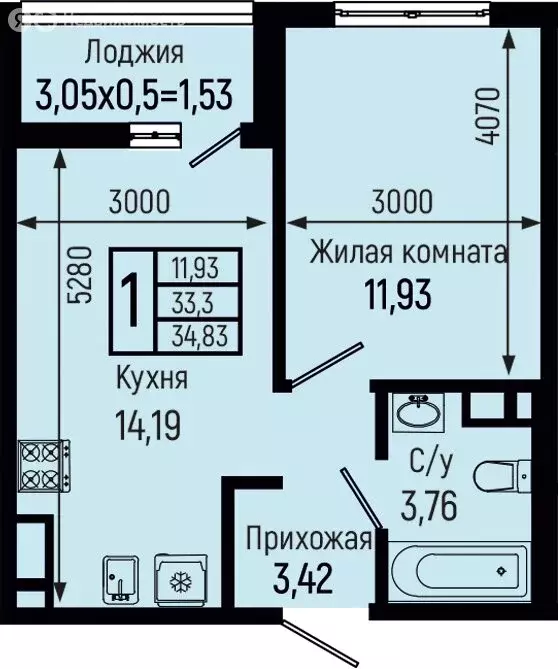 1-комнатная квартира: село Небуг, ЖК Botanica Hills (34.83 м) - Фото 1