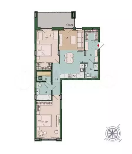 3-к. квартира, 86,3 м, 7/9 эт. - Фото 1
