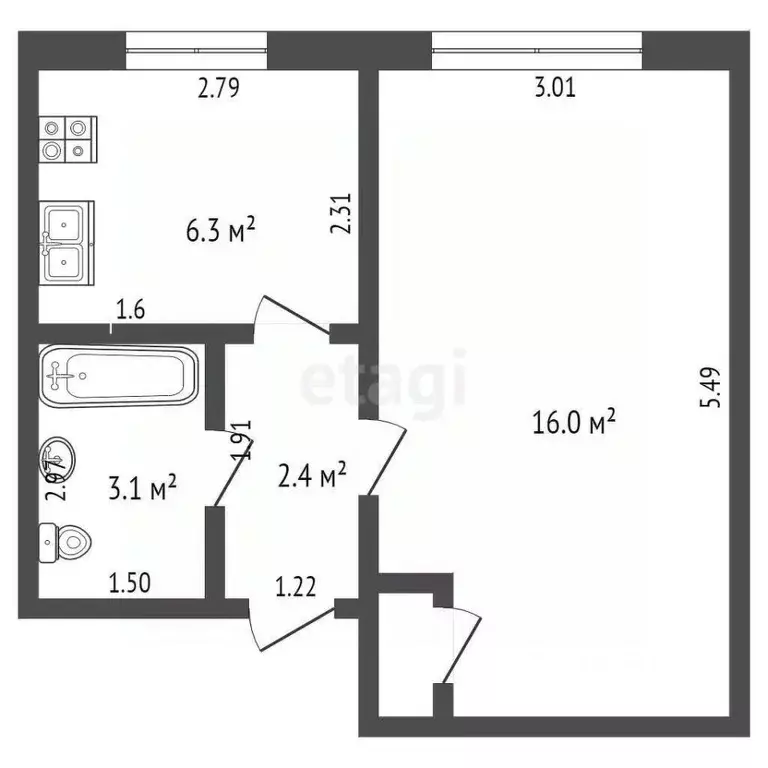 1-к кв. Башкортостан, Бирск Луговая ул., 32 (28.3 м) - Фото 1